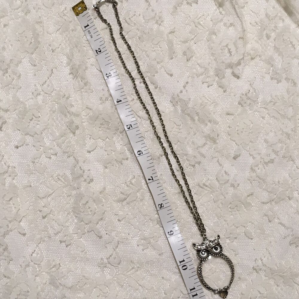 Owl Magnifying Glass Pendant Necklace Silver Tone Charm Delicate Statement - Picture 6 of 7
